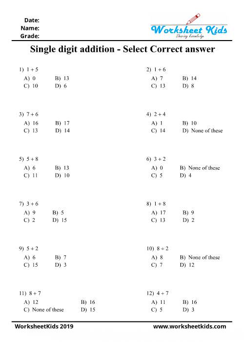 multiple choice questions single digit addition worksheets