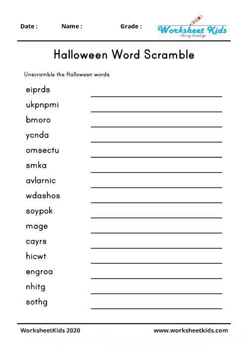 halloween word scramble worksheet