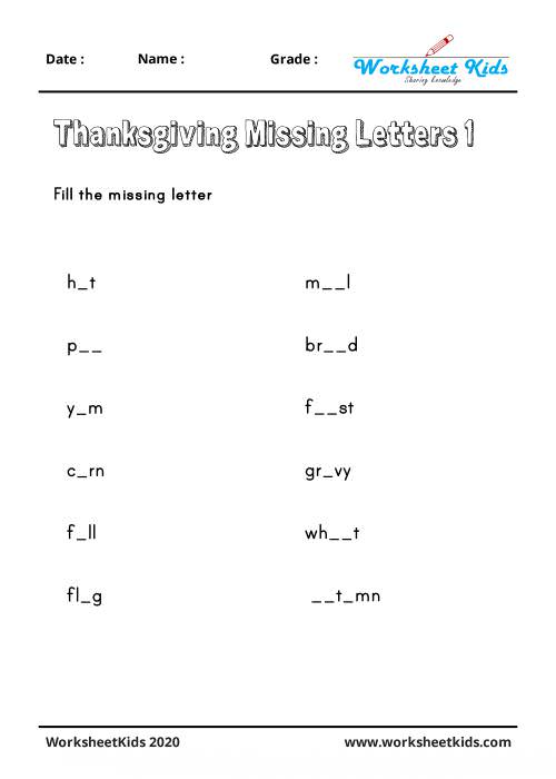 Thanksgiving find the missing letters in words