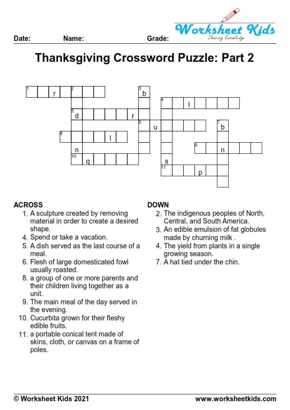 free printable thanksgiving crossword puzzle answer key