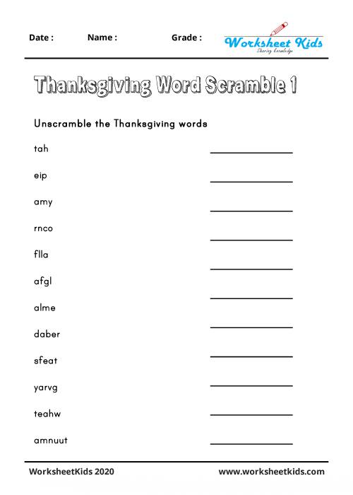 thanksgiving scramble words