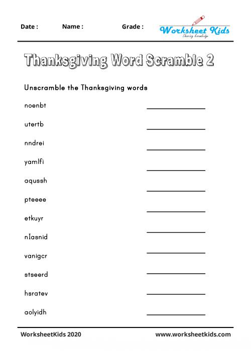 thanksgiving word scramble with answers