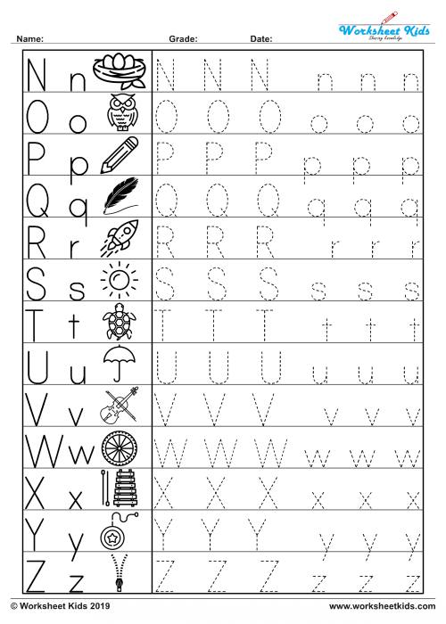 uppercase and lowercase letter tracing worksheets N-Z