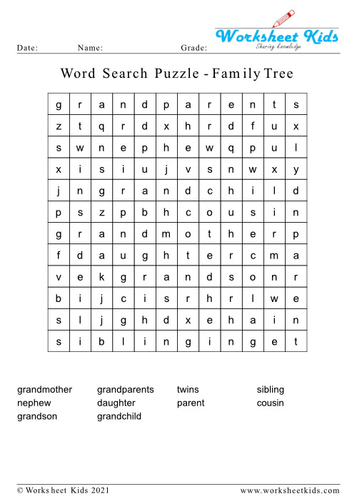 Word search puzzle family tree names and relationships