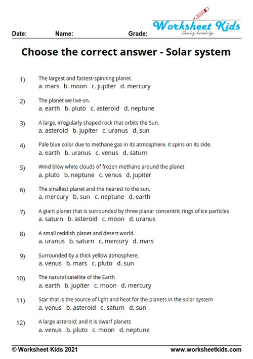 Choose the correct answer solar system for 1st grade