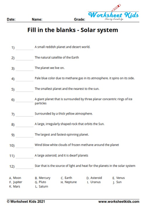 Fill in the blanks solar system for 2nd grade