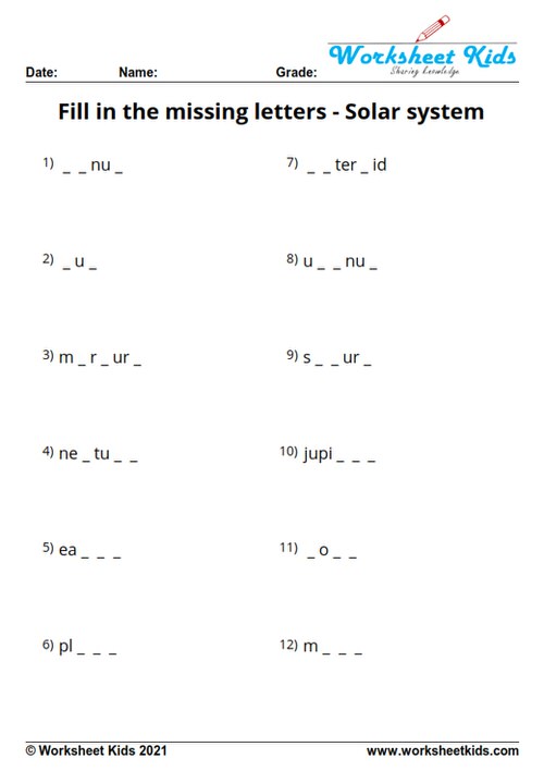 solar system worksheets grade 1 Fill the missing letters solar system for 2nd grade