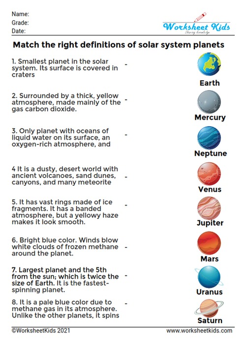 Match right definition of solar system planets for 3rd grade