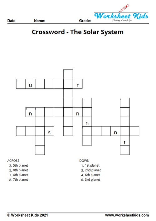 solar system planet crossword puzzle for 3rd grade