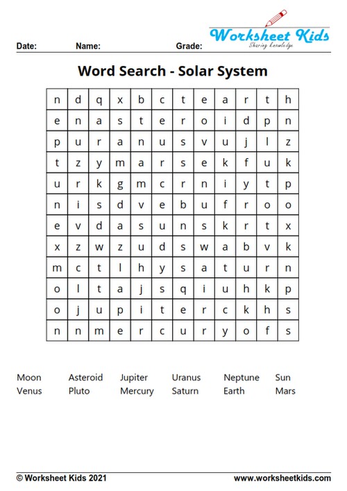 solar system worksheets grade 1 planets Word search puzzle solar system for 3rd grade