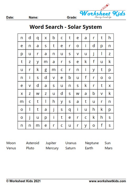 planets Word search puzzle solar system for 3rd grade