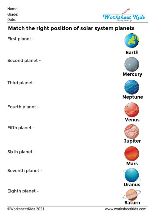 match the order of the planets of the space solar system for 2nd grade