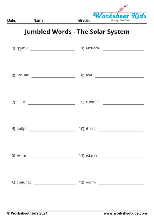 solar system planet jumbled unscramble scramble words for grade 3