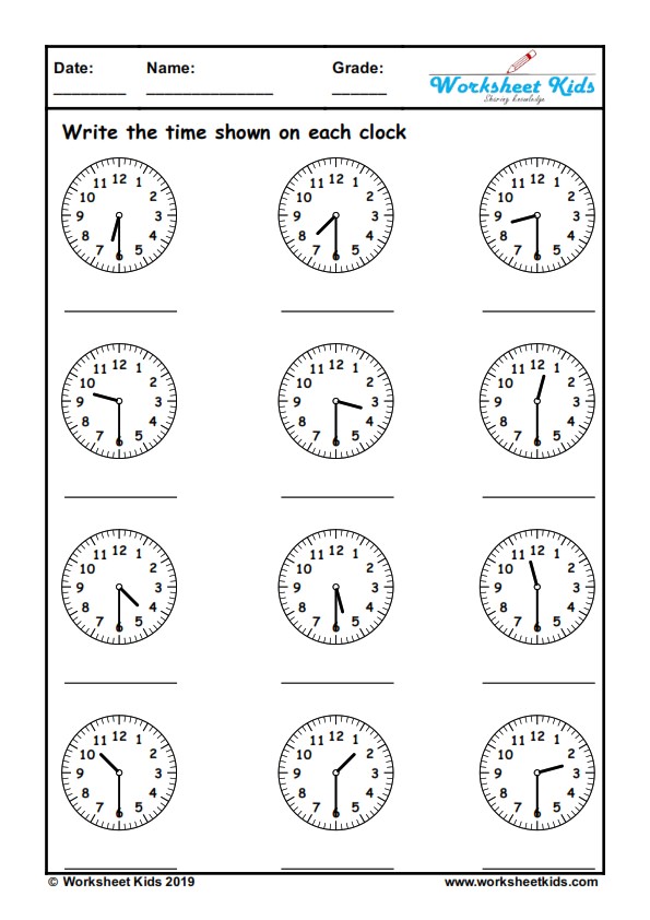 telling time half past worksheets or half hour clock worksheet