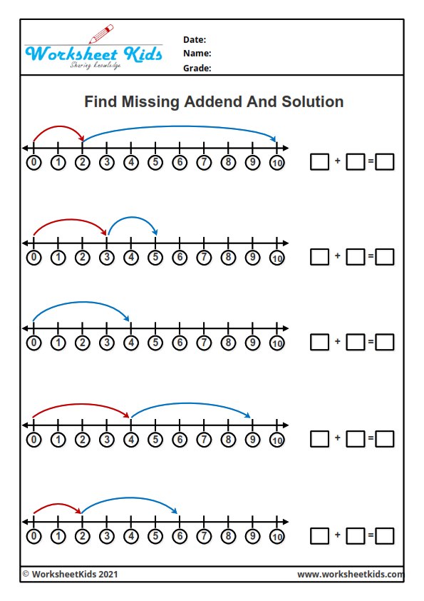 1-20 missing addend number line addition worksheets