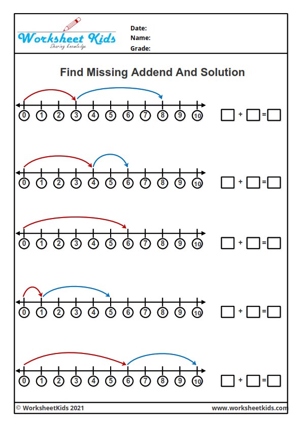 free missing addend number line addition worksheets