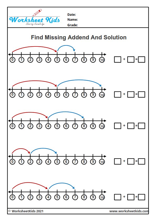 single digit missing addend number line addition worksheets