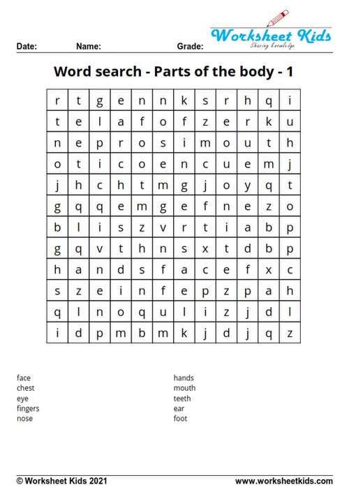 parts of the body word search