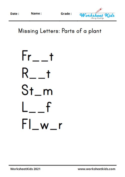 Missing letters plant parts names for kindergarten grade 1 kids