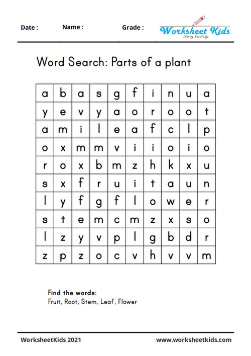 Word search puzzle plant parts for kindergarten grade 1 kids