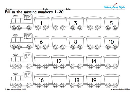 Write math missing numbers 1 to 20 worksheets for grade 1 kindergarten