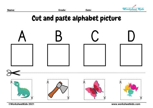 cut and paste alphabet letters with pictures match worksheets