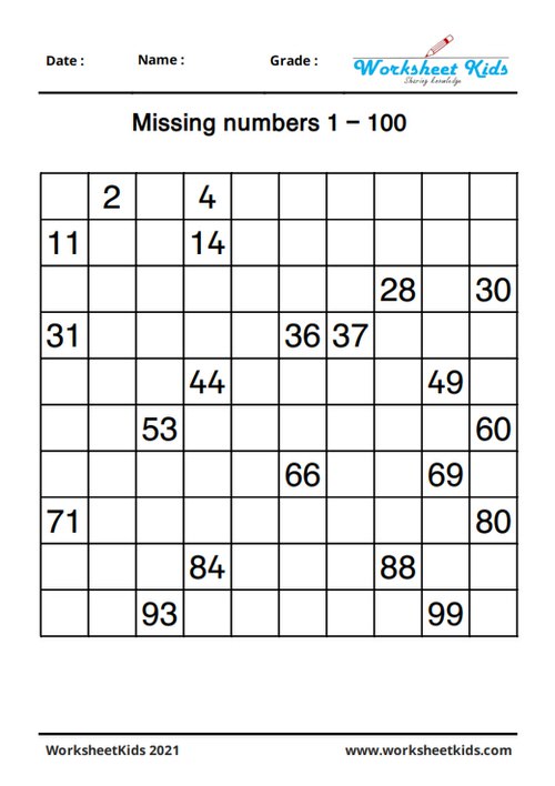 fill in the missing numbers 1 to 100 worksheets for kindergarten