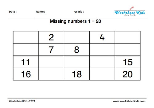 fill in the missing numbers 1 to 20 worksheets for kindergarten