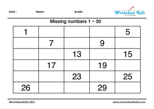 fill in the missing numbers 1 to 30 worksheets for kindergarten