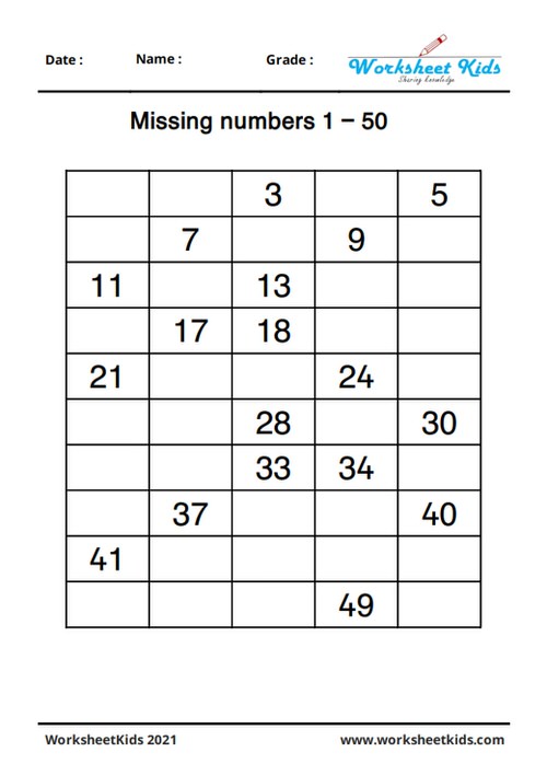 fill in the missing numbers 1 to 50 worksheets for kindergarten