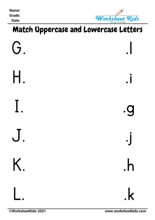 matching uppercase and lowercase letters G H I J K L worksheets