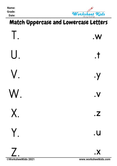 uppercase and lowercase matching T U V W X Y Z worksheets
