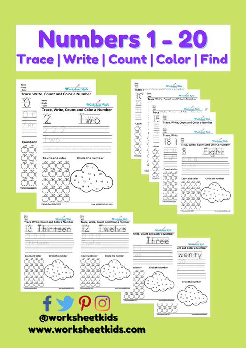 number tracing 1 to 20 counting, write number names, finding number, coloring numbers