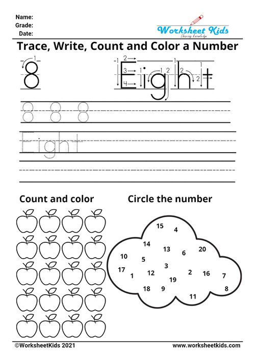 Tracing number eight - Write names - counting pictures - coloring - finding numbers