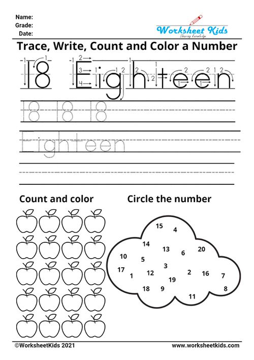 Tracing number eighteen - Write names - counting pictures - coloring - finding numbers