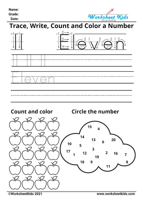 Tracing number eleven - Write names - counting pictures - coloring - finding numbers