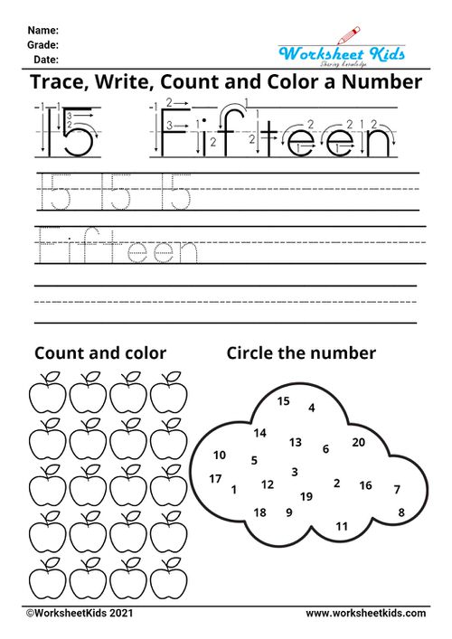 Tracing number fifteen - Write names - counting pictures - coloring - finding numbers