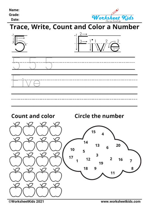Tracing number five - Write names - counting pictures - coloring - finding numbers