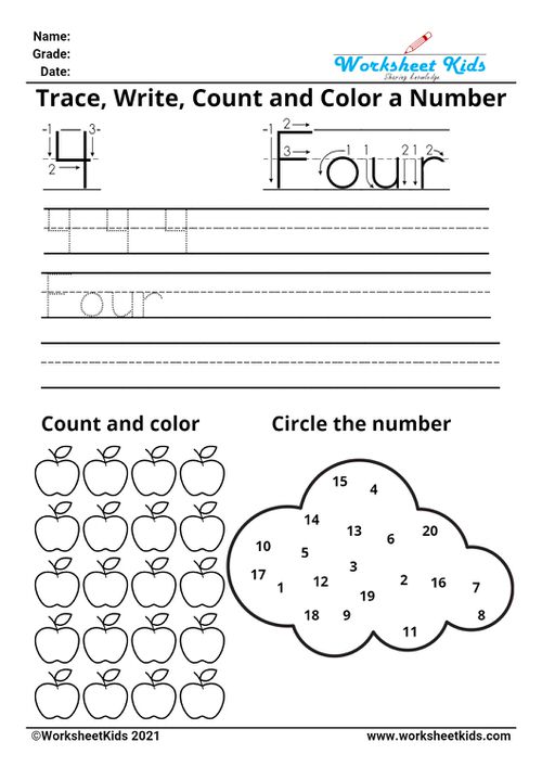 Tracing number four - Write names - counting pictures - coloring - finding numbers