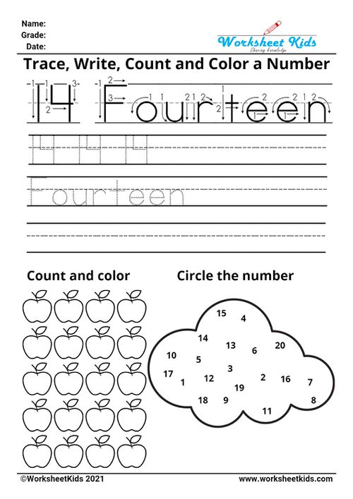 Tracing number fourteen - Write names - counting pictures - coloring - finding numbers