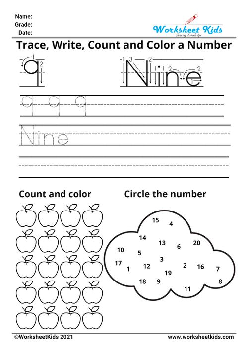 Tracing number nine - Write names - counting pictures - coloring - finding numbers