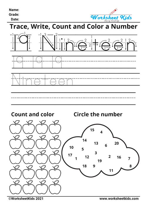 Tracing number nineteen - Write names - counting pictures - coloring - finding numbers