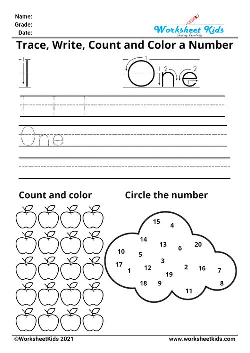 Tracing number one - Write names - counting pictures - coloring - finding numbers