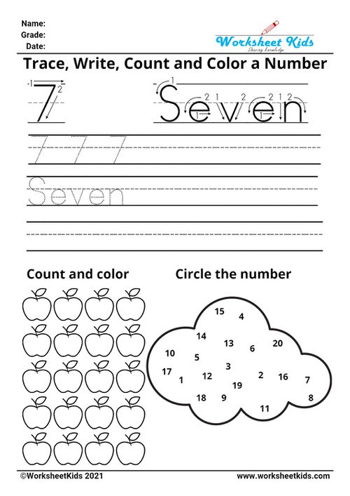 Tracing number seven - Write names - counting pictures - coloring - finding numbers
