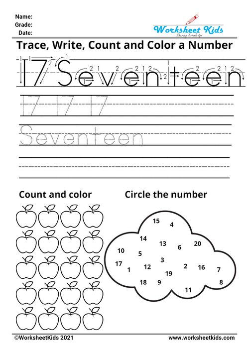 Tracing number seventeen - Write names - counting pictures - coloring - finding numbers