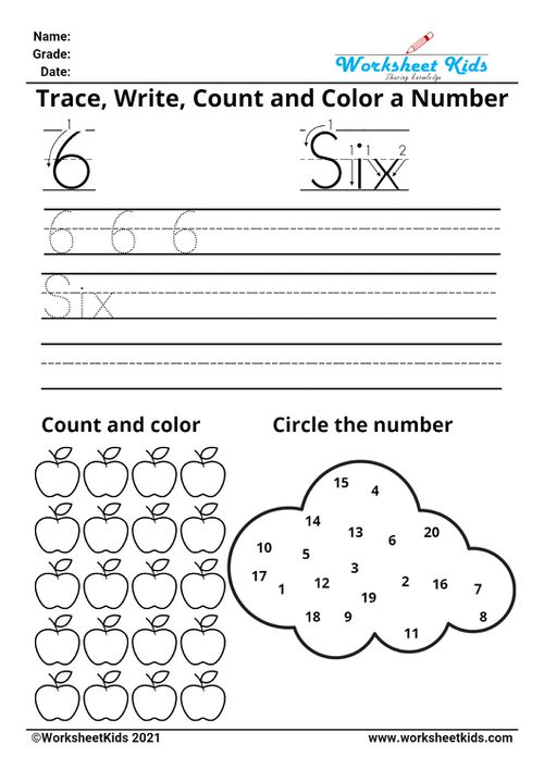 Tracing number six - Write names - counting pictures - coloring - finding numbers