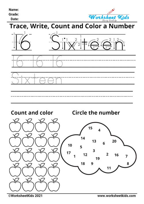 Tracing number sixteen - Write names - counting pictures - coloring - finding numbers