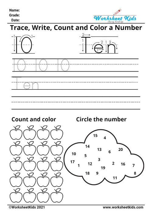 Tracing number ten - Write names - counting pictures - coloring - finding numbers