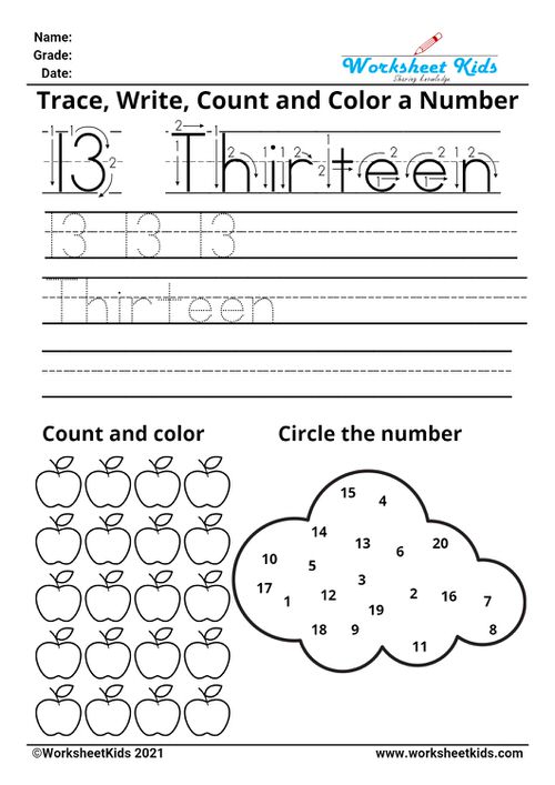 Tracing number thirteen - Write names - counting pictures - coloring - finding numbers