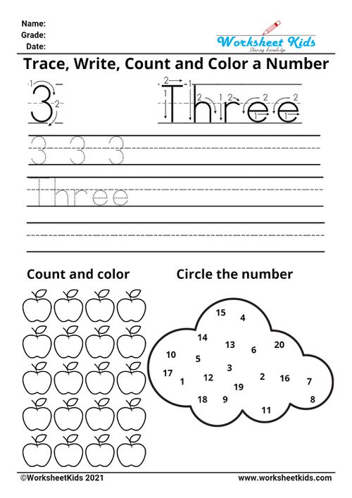 Tracing number three - Write names - counting pictures - coloring - finding numbers
